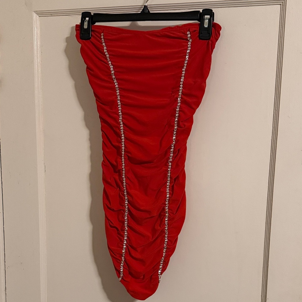 Symphony Strapless Red Ruched Dress
